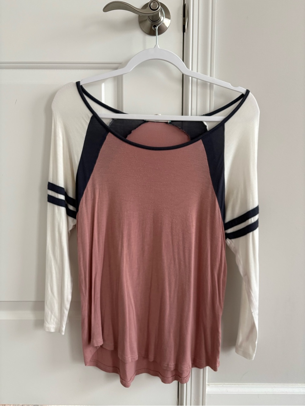 Pink Rose Dusty Rose and White Raglan Long-Sleeve Tee with Navy Accents